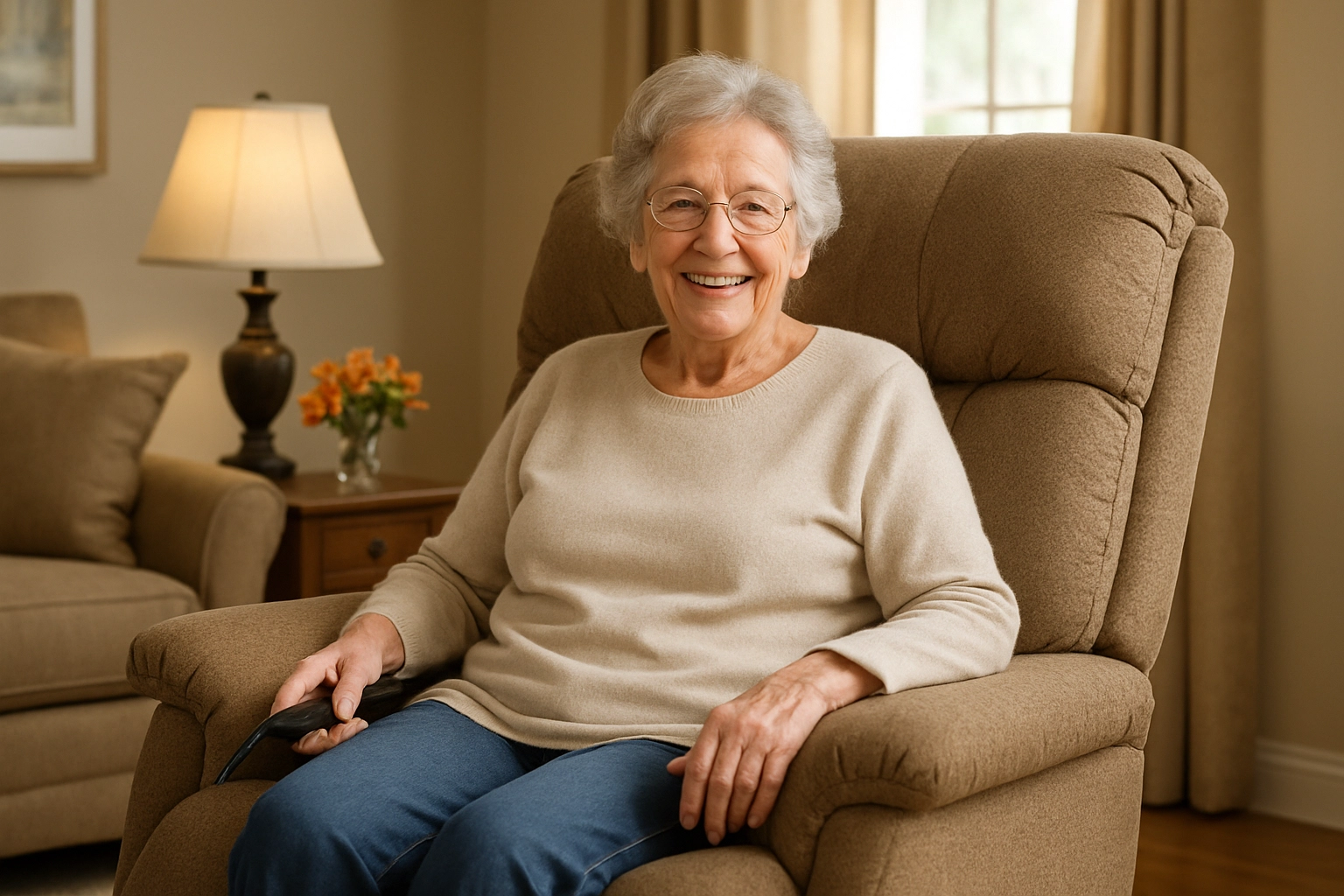 Happy senior in lift chair